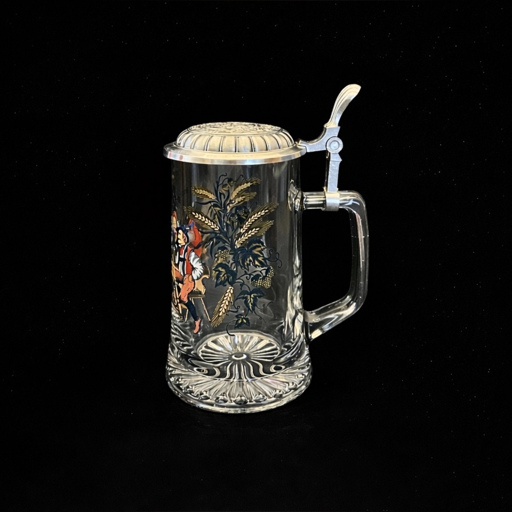 German Lidded Beer Stein | Hopfen und Malz Gott Erhalt’s | Tavern Scene | Pewter